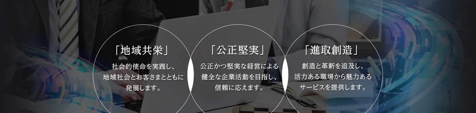 「地域共栄」「公正堅実」「進取創造」をモットーにお客様の満足向上に努めます。